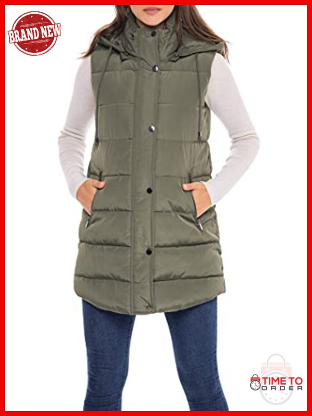 Quilted Faux Down Filled Long Puffer Vest with Hood for Fall Winter